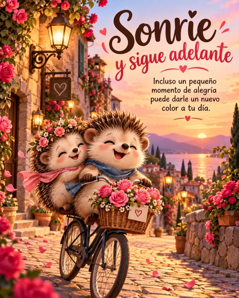 Dos erizos sonrientes viajando en bicicleta por un pueblo al atardecer