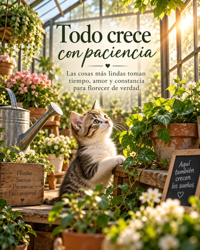 Gatito cuidando plantas en un invernadero lleno de luz y flores
