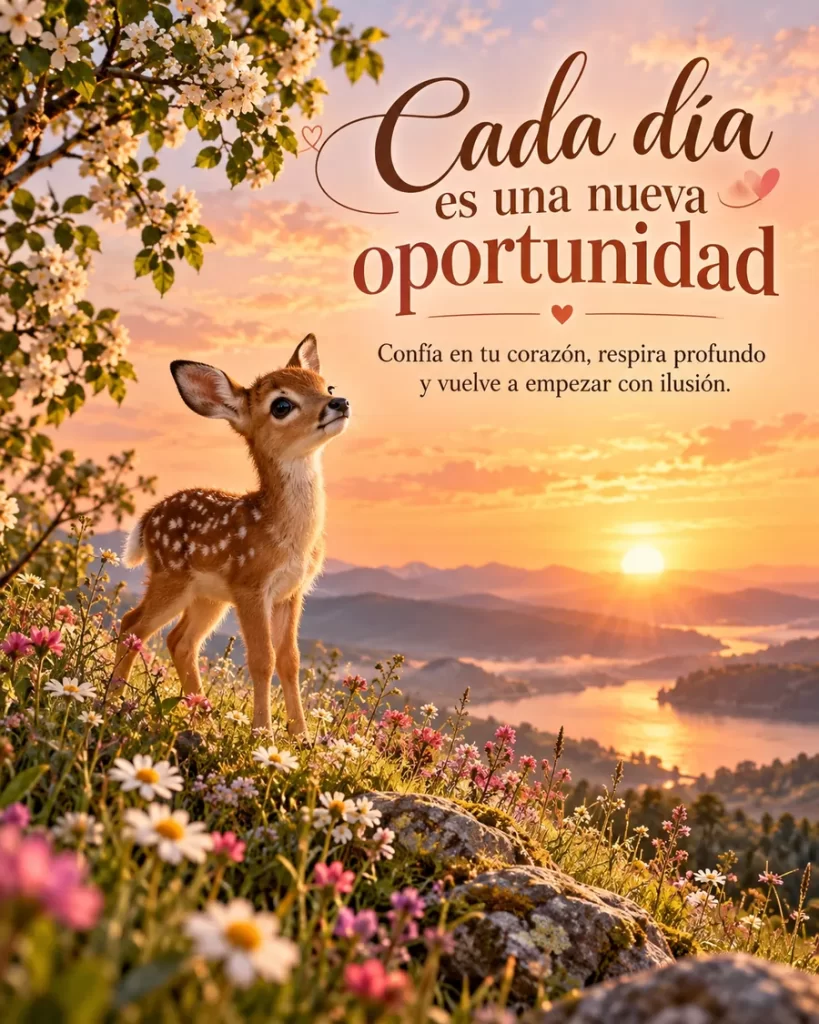 Frases motivadoras con cervatillo entre flores contemplando el amanecer
