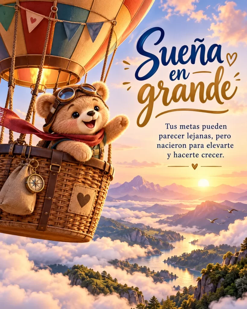 Frases bonitas y motivadoras con osito viajando en globo aerostático