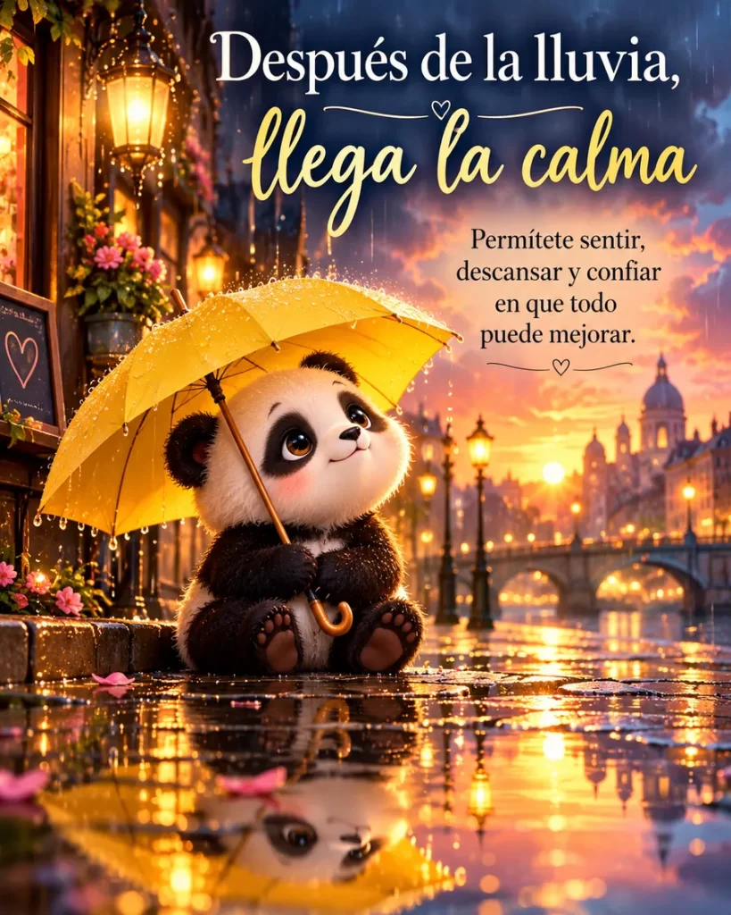 Mensajes positivos con panda bajo la lluvia Frases bonitas y motivadoras con panda bajo la lluvia