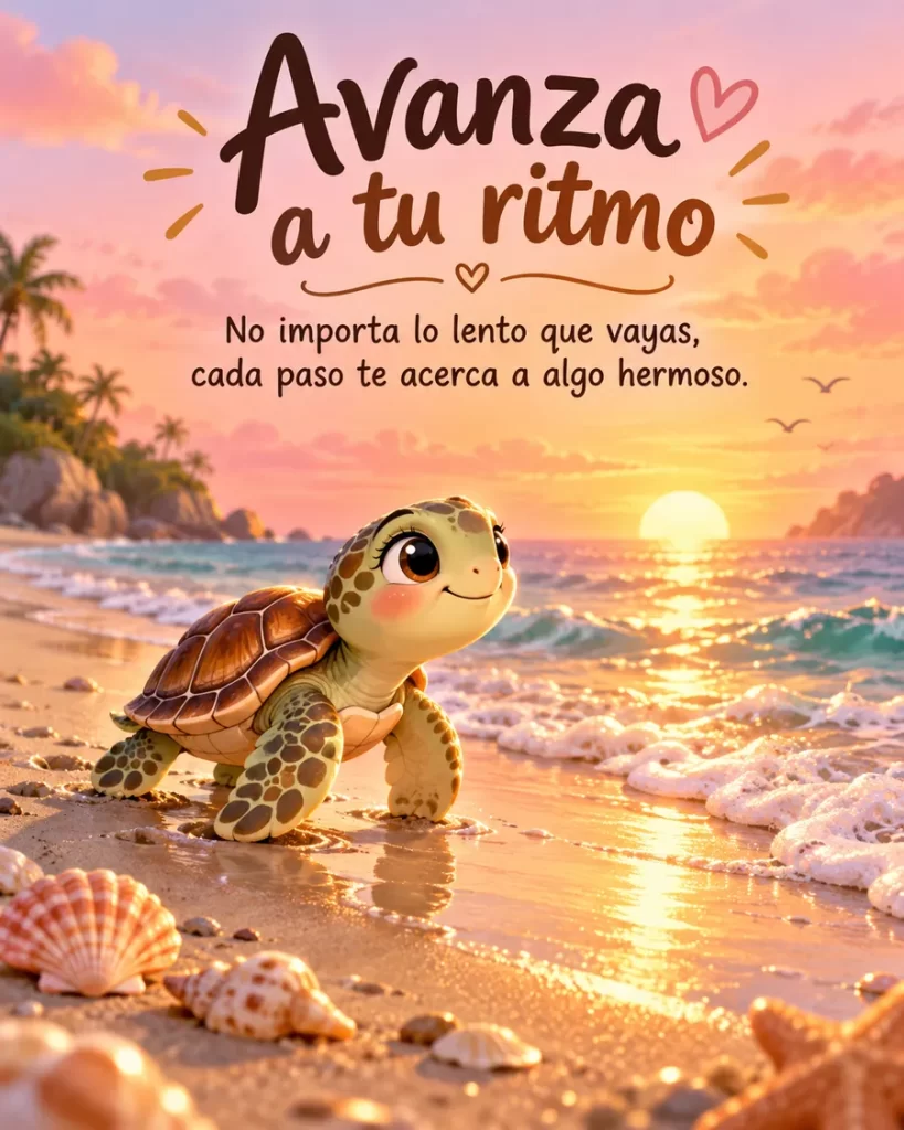 Pequeña tortuga caminando por la orilla del mar durante una puesta de sol