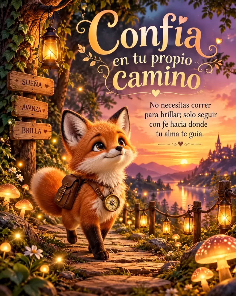 Zorrito caminando con mochila por un sendero iluminado al atardecer
