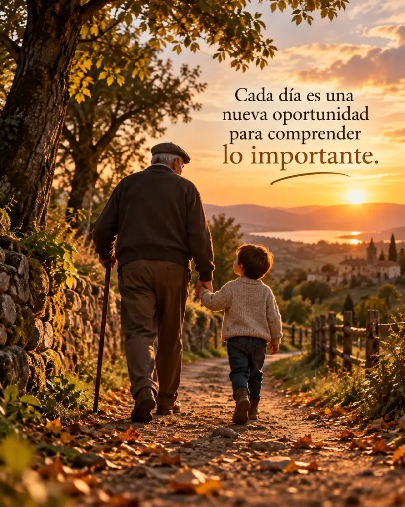 Abuelo y niño caminando juntos por un sendero durante el atardecer