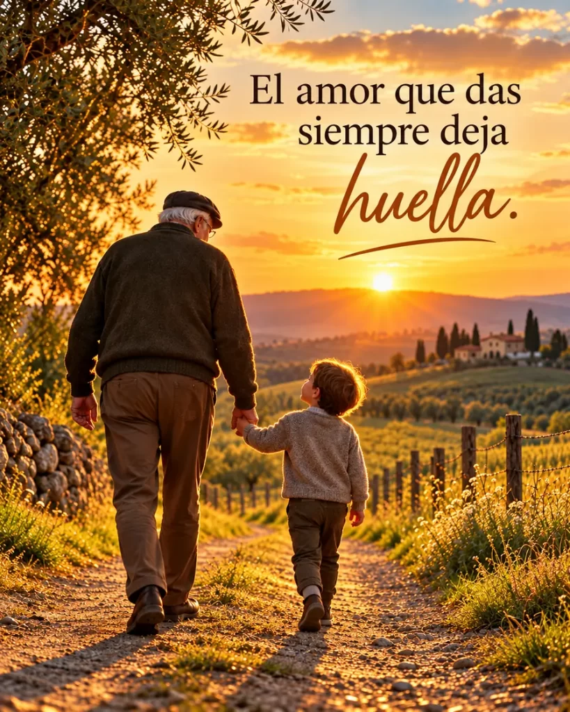 Abuelo y niño caminando juntos entre campos durante un atardecer dorado
