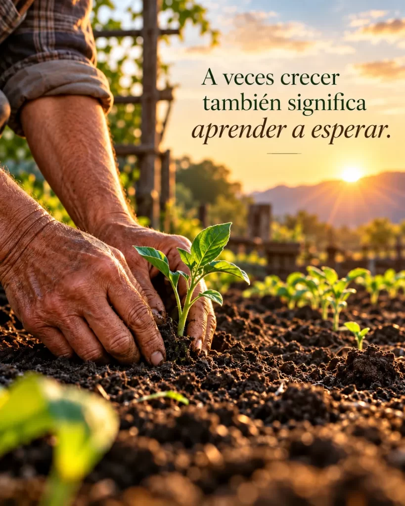 Frases de reflexión sobre paciencia con manos plantando una pequeña planta