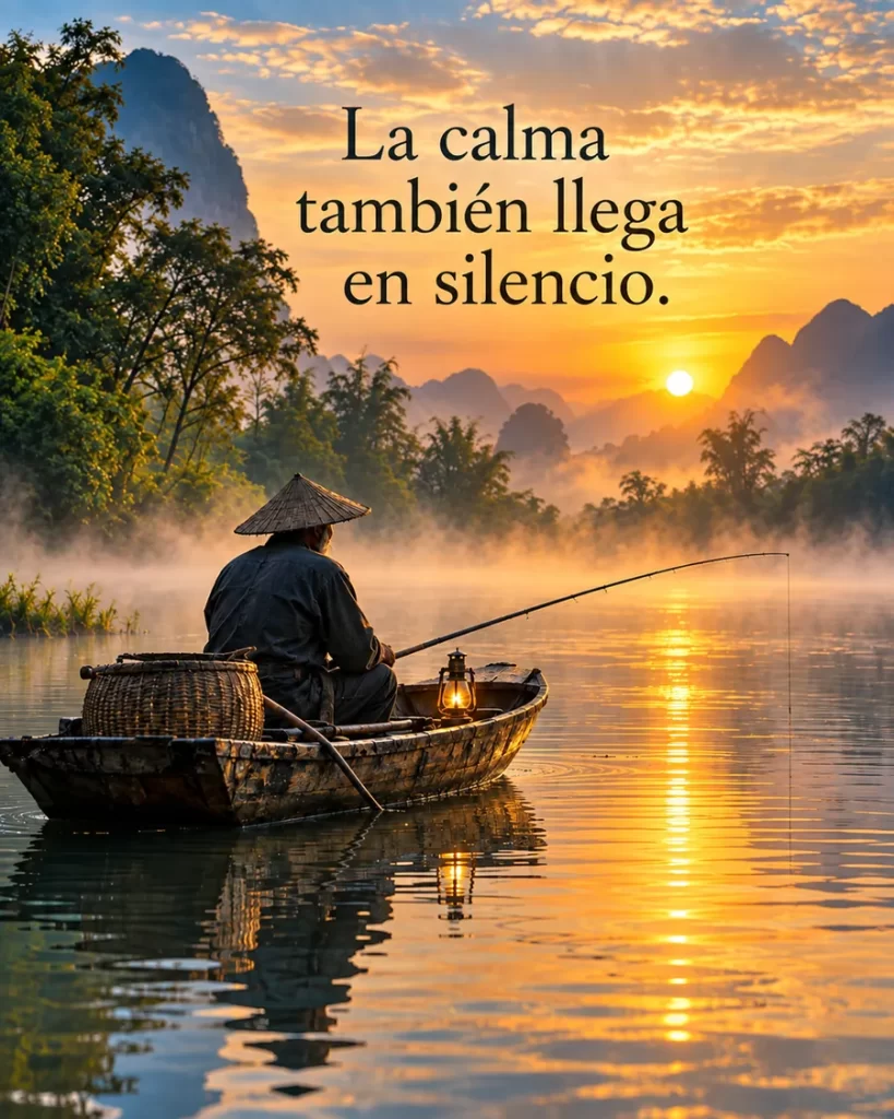 Pescador en una pequeña barca sobre un lago tranquilo al amanecer
