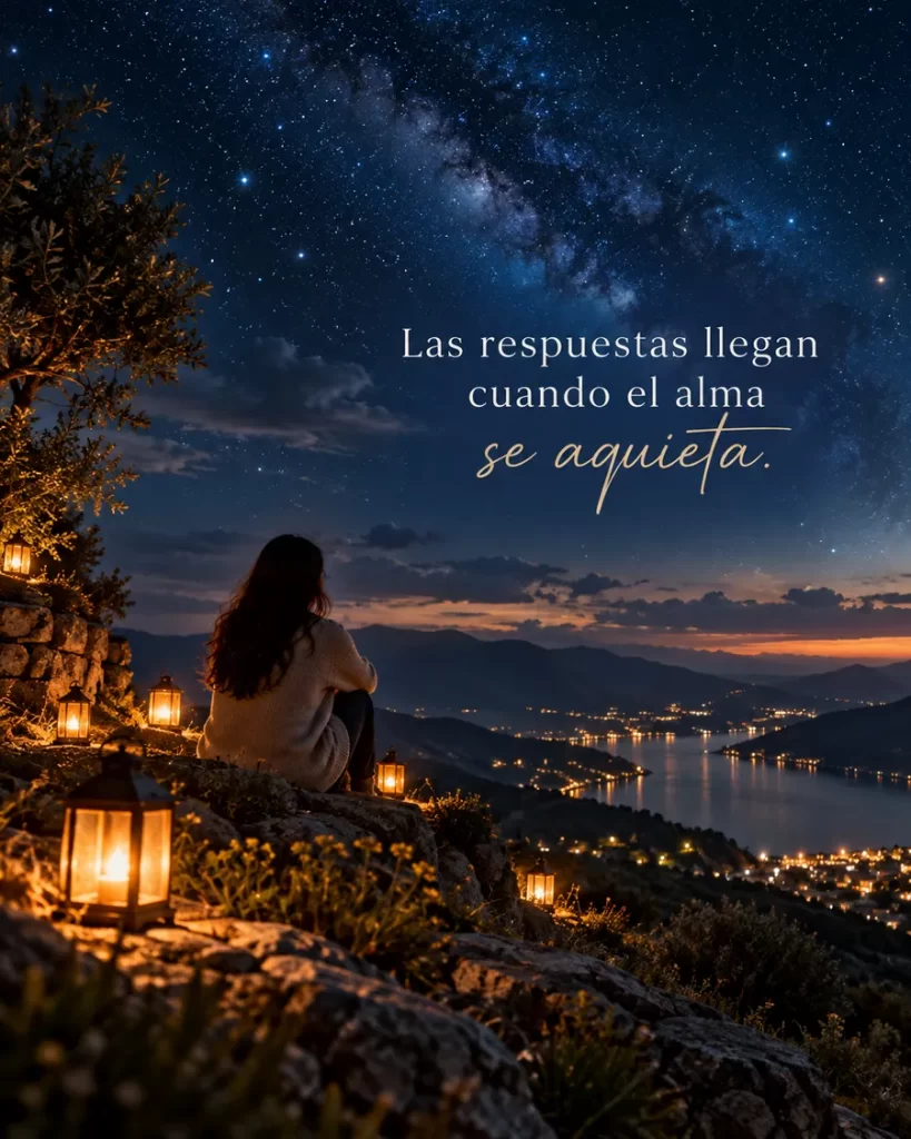 Frases bonitas de reflexión con mujer contemplando un cielo lleno de estrellas