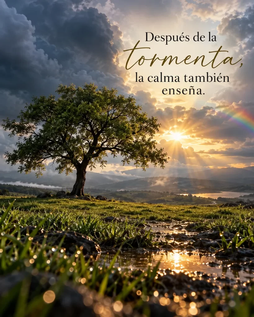 Frase de reflexión con árbol después de una tormenta y rayos de sol