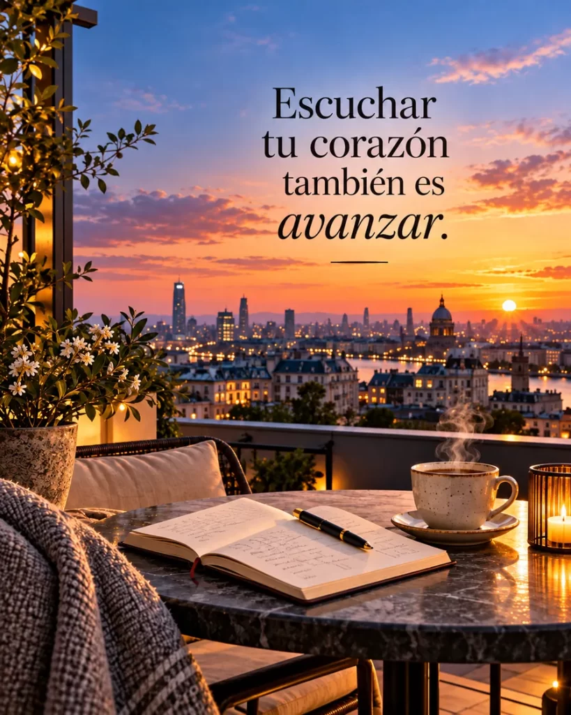Frase para pensar junto a una libreta y café con vista a la ciudad