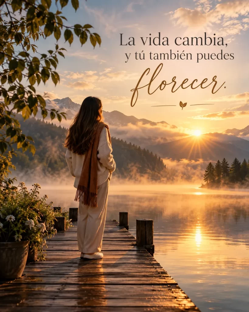 Frases bonitas de reflexión con mujer contemplando un lago al amanecer