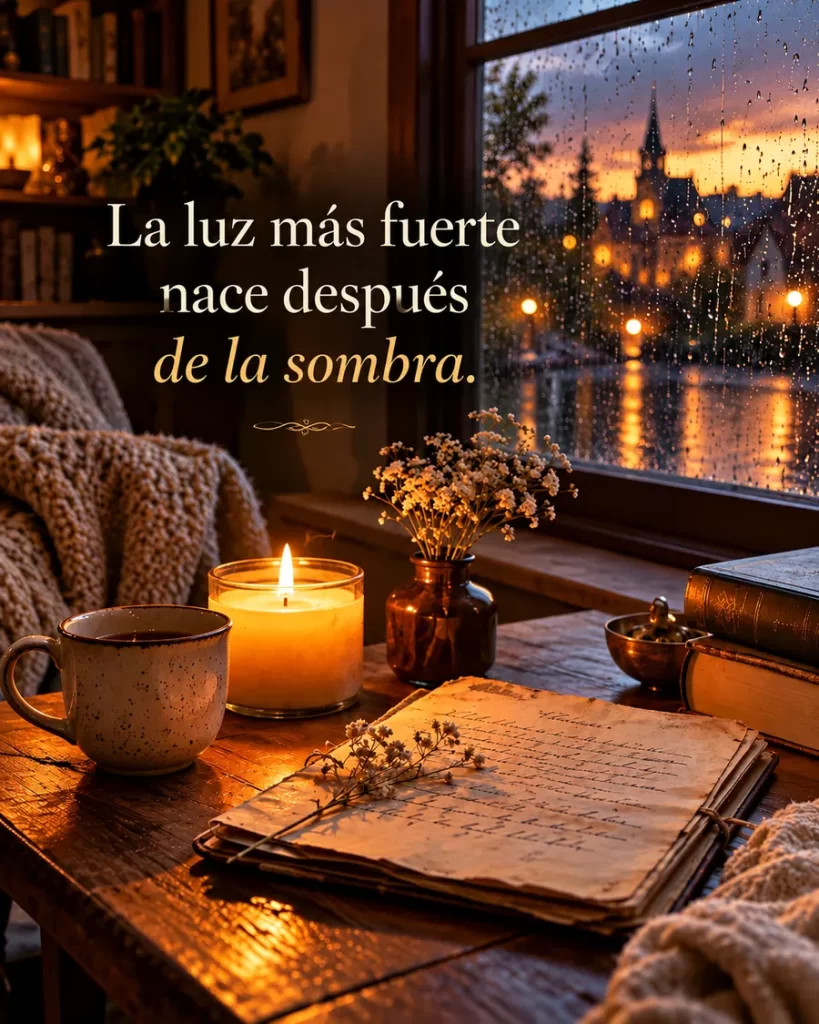 Luz cálida junto a una ventana lluviosa con libros y una vela