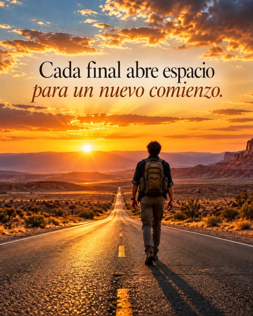 Frases bonitas de reflexión con viajero caminando hacia un nuevo comienzo