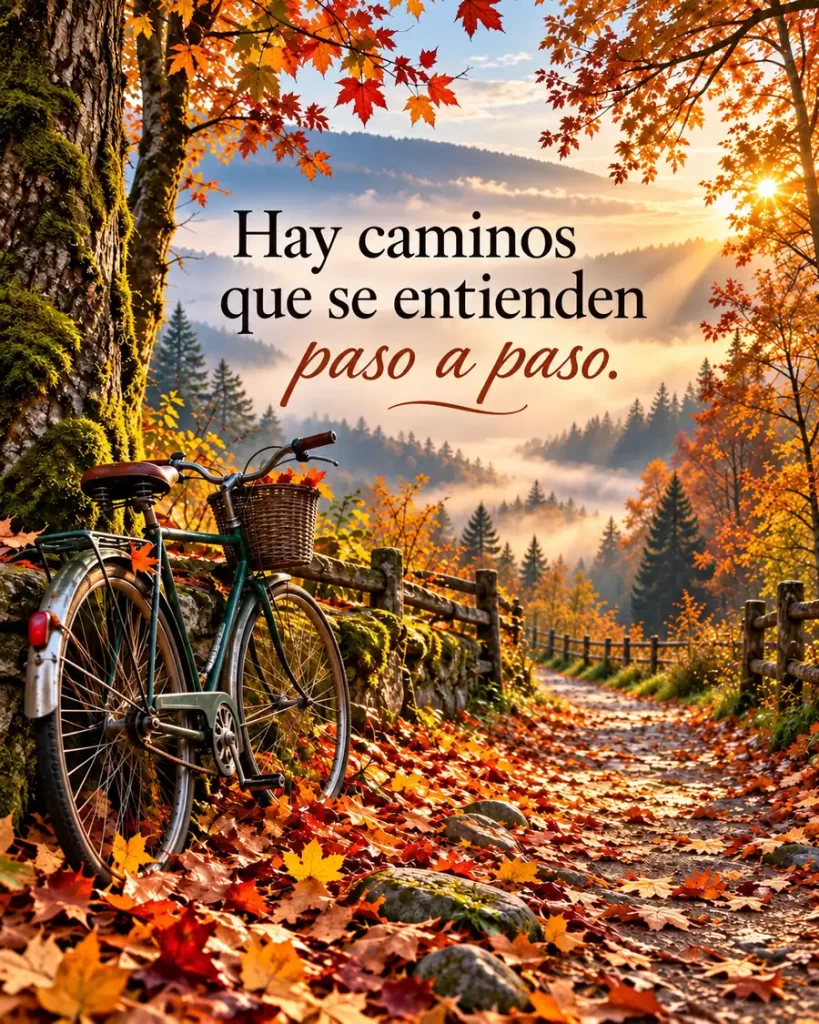 Bicicleta junto a un sendero de otoño cubierto de hojas