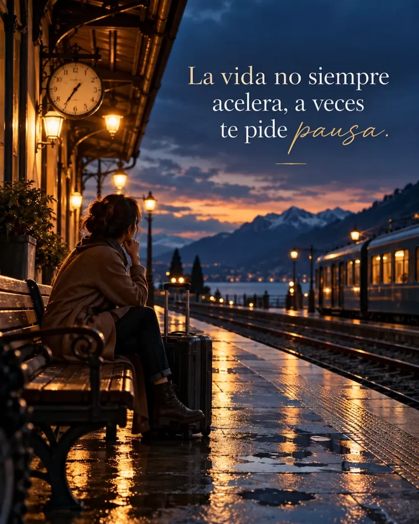 Mujer esperando en una estación de tren durante una noche lluviosa