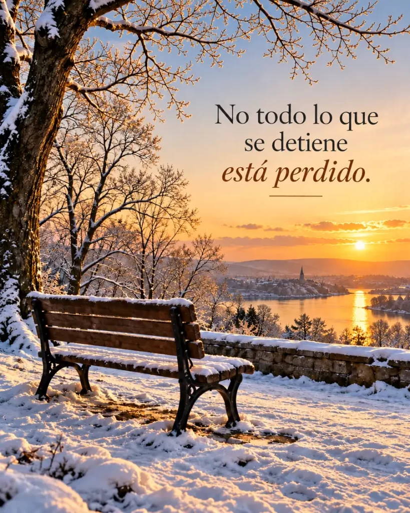 Banco cubierto de nieve frente a un paisaje iluminado por el amanecer