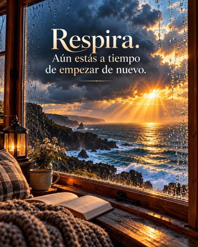 Ventana frente al mar después de la lluvia con un libro y una taza