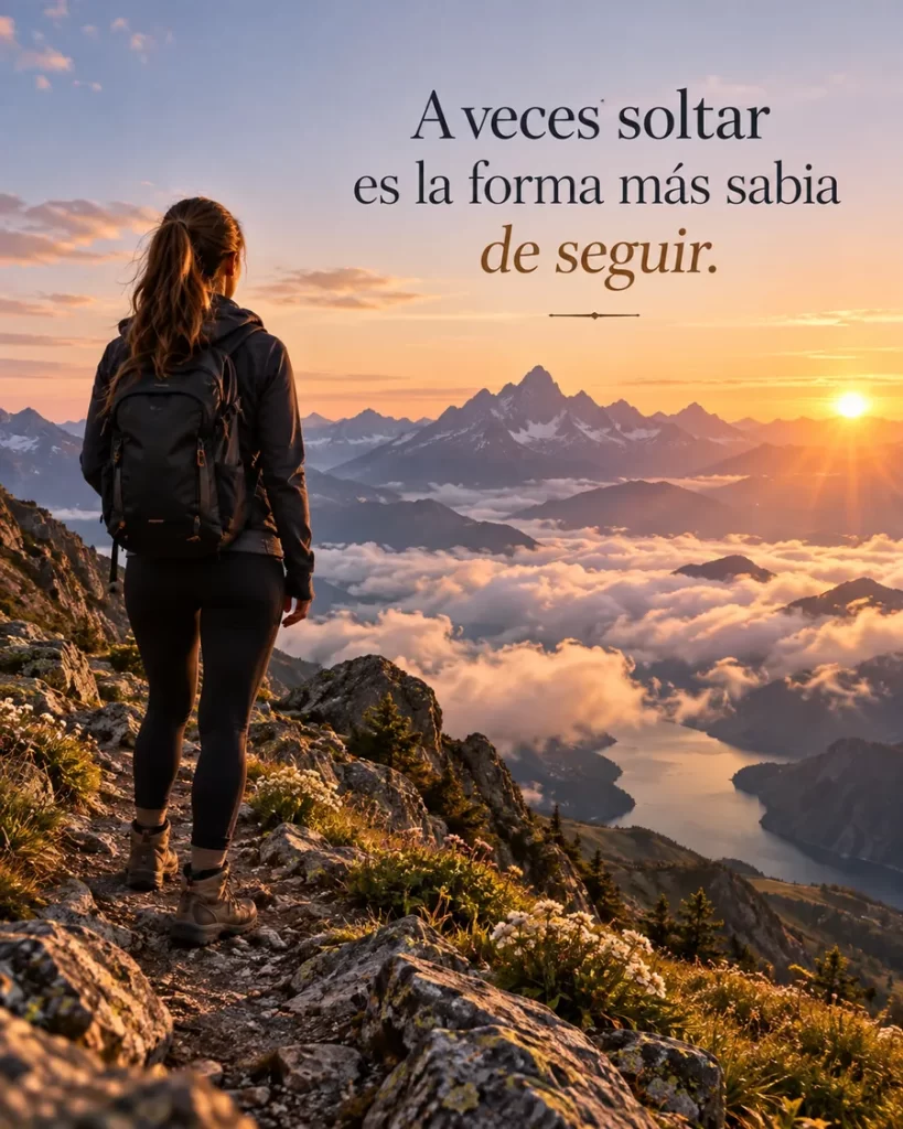 Mujer contemplando montañas al amanecer mientras reflexiona sobre soltar