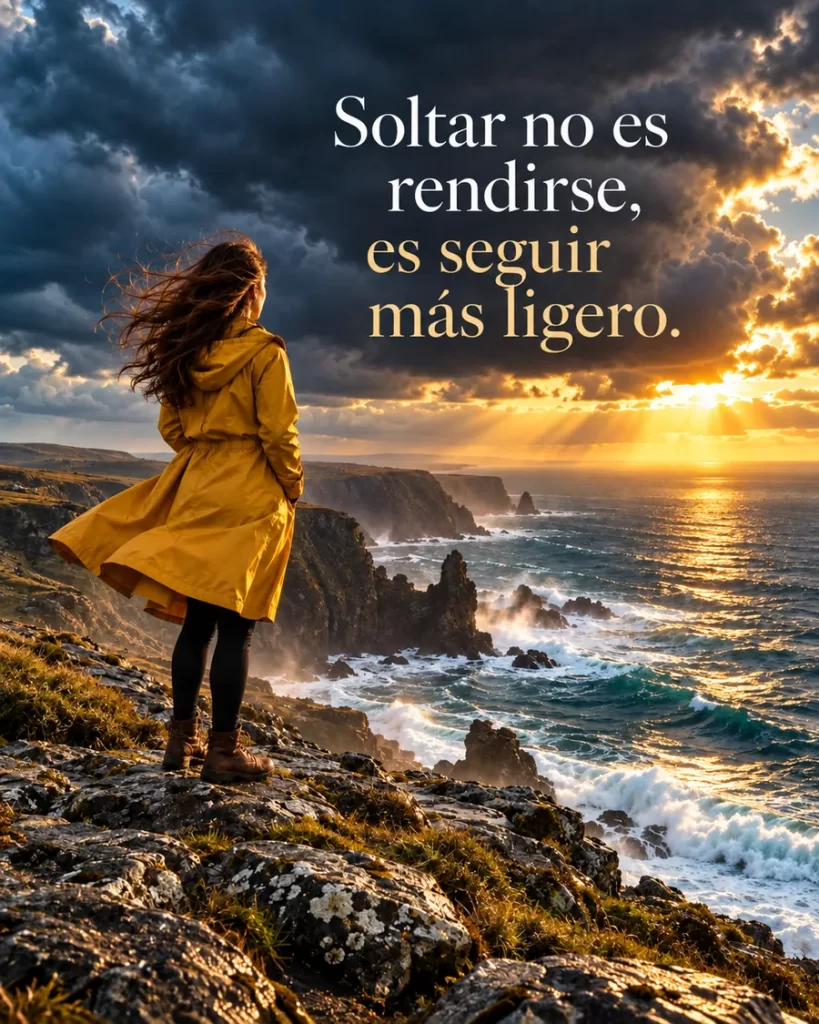 Mujer con abrigo amarillo contemplando el mar desde un acantilado