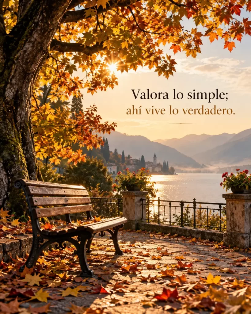 Banco bajo un árbol de otoño frente a un lago tranquilo