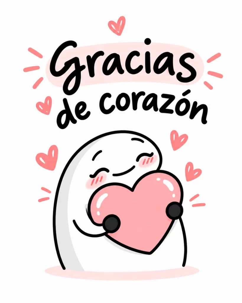 Imagen de agradecimiento con un personaje blanco que abraza un gran corazón rosa y el mensaje Gracias de corazón, rodeado de corazones pequeños.