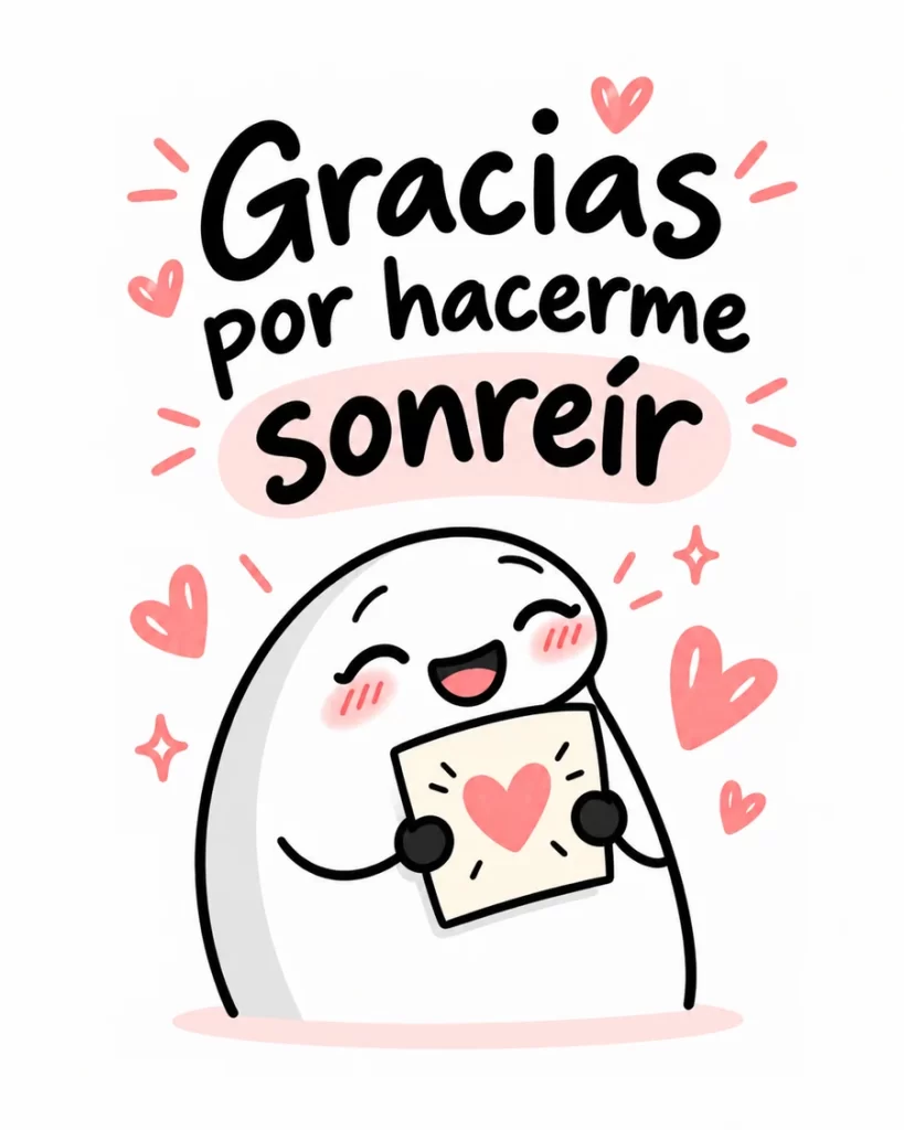 Imagen con un personaje blanco sonriente que sostiene una tarjeta con un corazón rosa y la frase Gracias por hacerme sonreír.