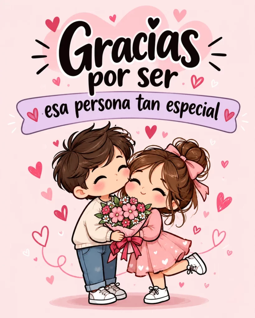 Imagen de una pareja tierna con un ramo de flores rosas, un beso en la mejilla y corazones, con un mensaje de agradecimiento a una persona especial.