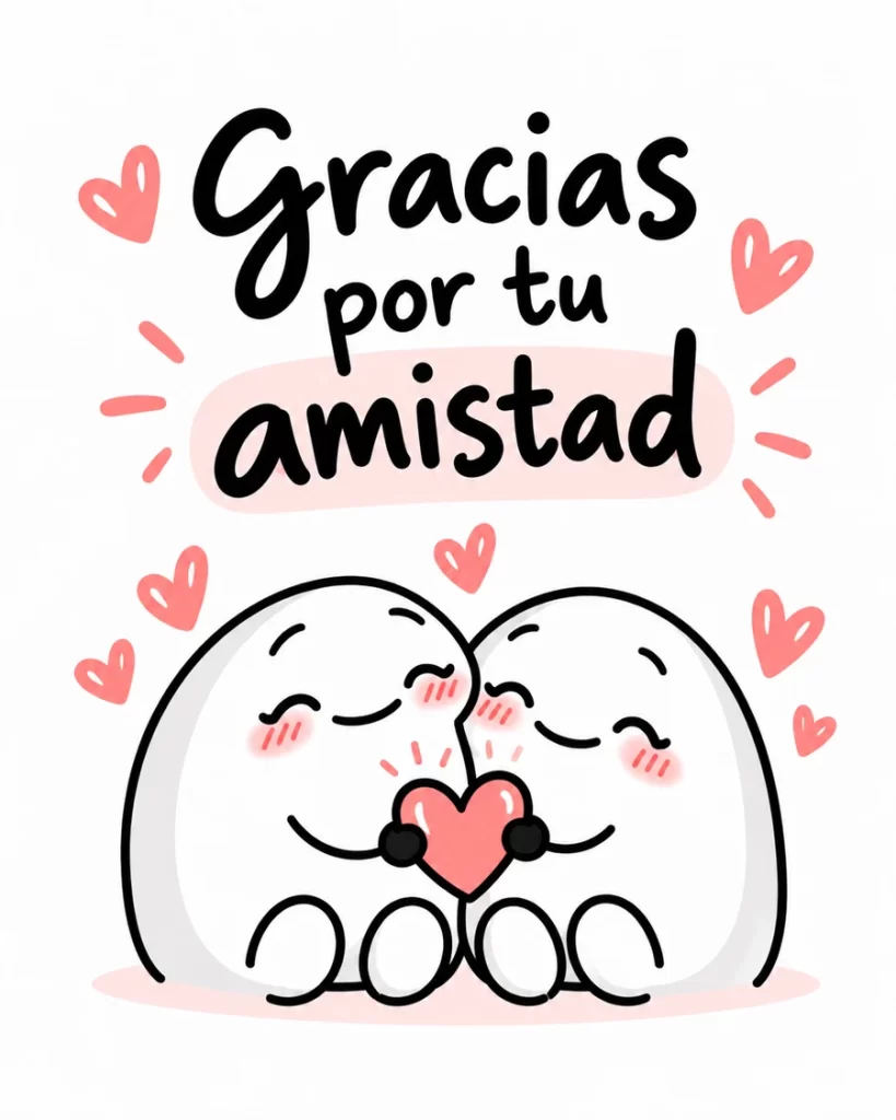 Imagen tierna de agradecimiento con dos personajes blancos sonrientes que comparten un corazón rosa y la frase Gracias por tu amistad.