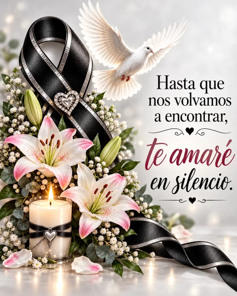 Lirios rosados, paloma blanca, lazo negro y vela con frase Hasta que nos volvamos a encontrar, te amaré en silencio.