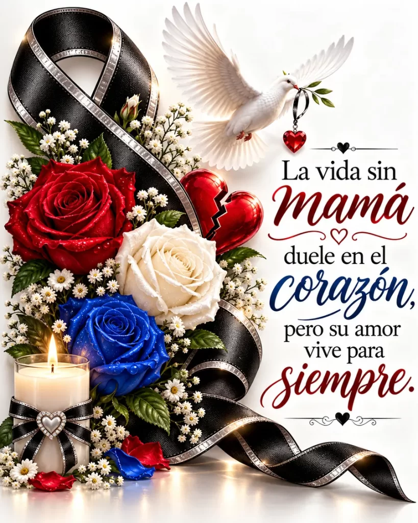Lazo negro, rosas rojas, blancas y azules, corazón roto y mensaje de amor dedicado a mamá fallecida.