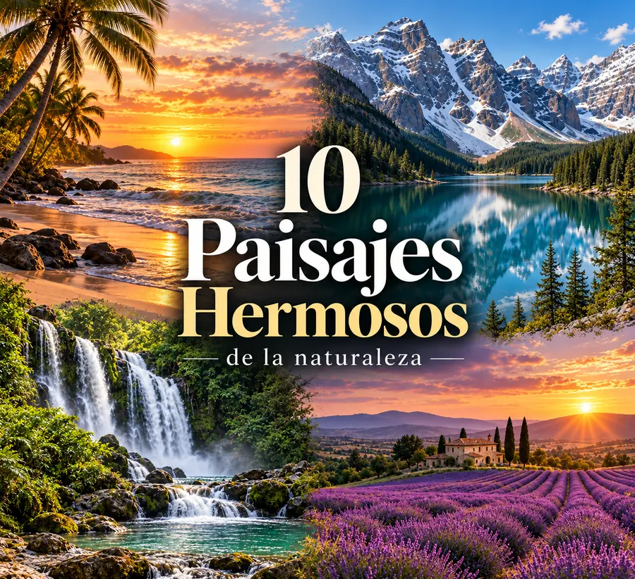 Portada de 10 paisajes hermosos de la naturaleza con playa tropical, montañas nevadas, lago alpino, cascada y campos de lavanda.