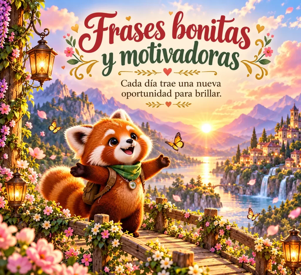Frases bonitas y motivadoras con panda rojo en un paisaje al amanecer