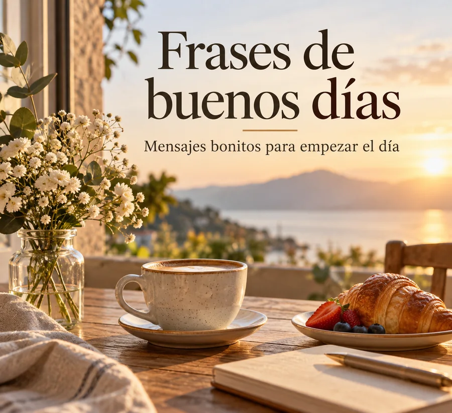 Frases de buenos días con café desayuno y amanecer frente al mar