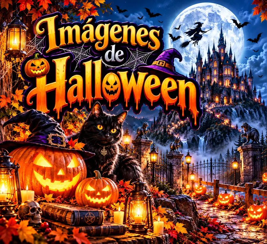Imágenes de Halloween con castillo, gato negro, brujas y calabazas