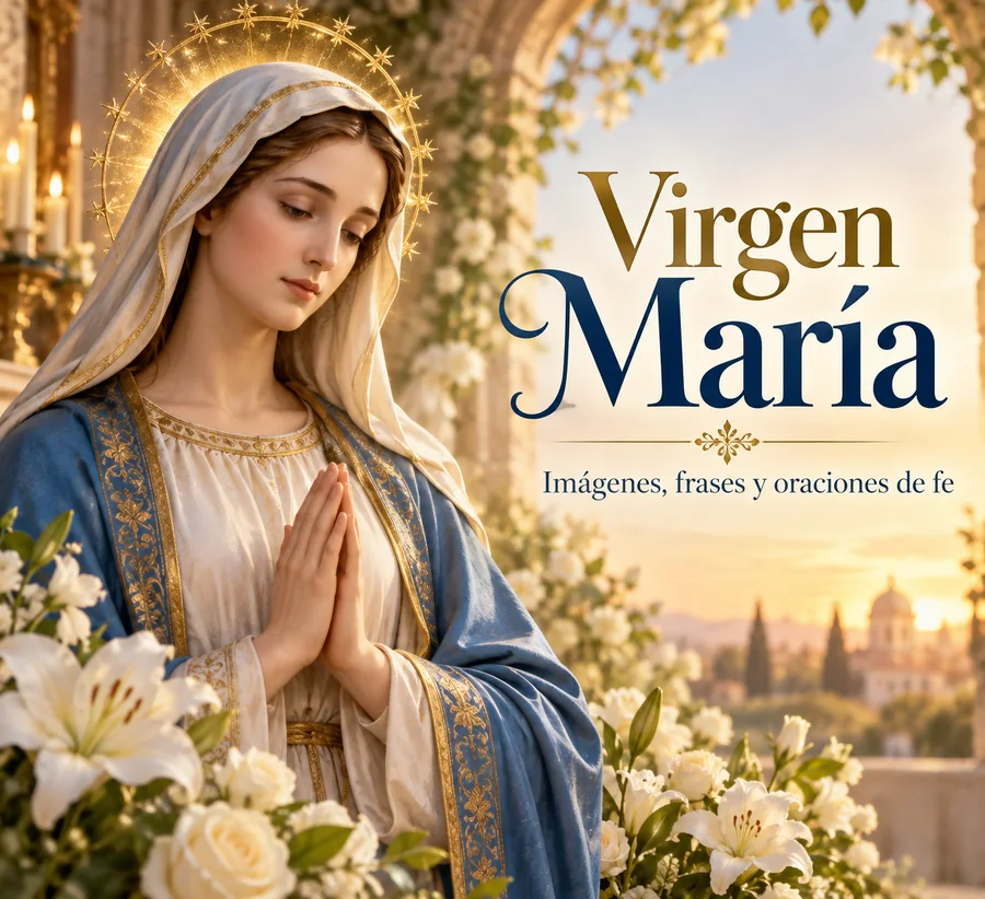Virgen María en oración con flores blancas y luz dorada