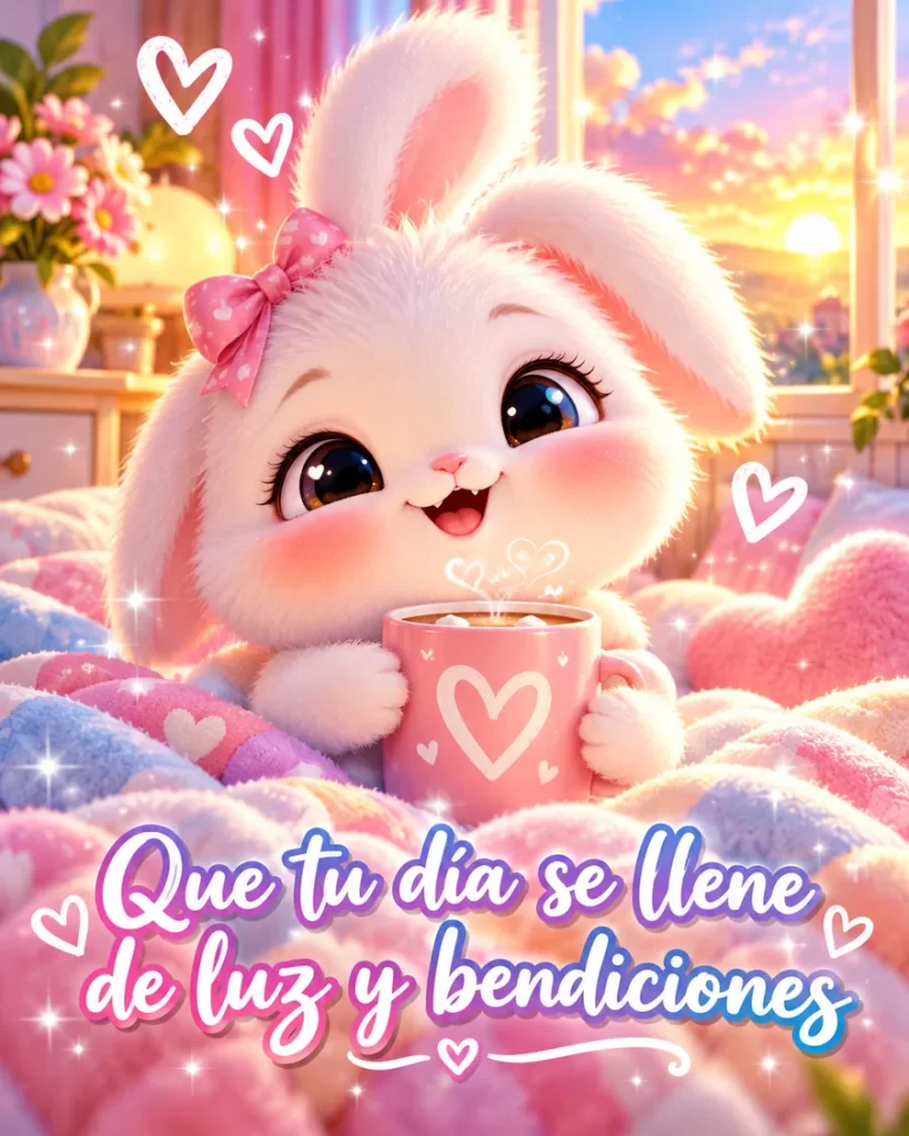 Conejito blanco abrazando una taza entre corazones y luz de amanecer