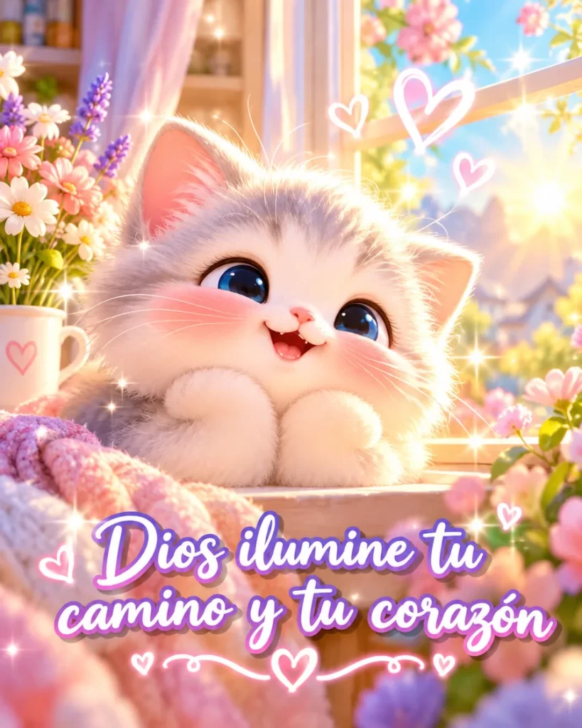 Imagen bonita para WhatsApp de gatito con mensaje Dios ilumine tu camino
