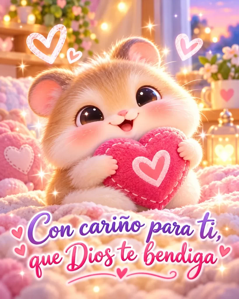 Hámster tierno abrazando un corazón rosa entre luces cálidas