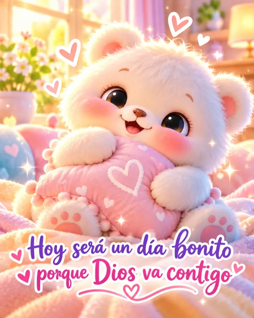 Osito blanco abrazando un cojín rosa en una habitación luminosa
