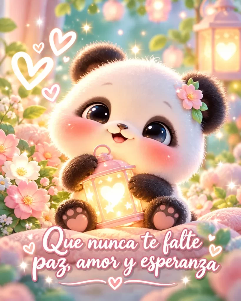 Panda tierno con linterna rosa rodeado de flores y corazones