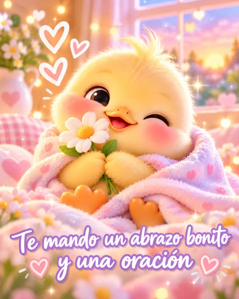 Patito amarillo sosteniendo una margarita entre mantas rosas