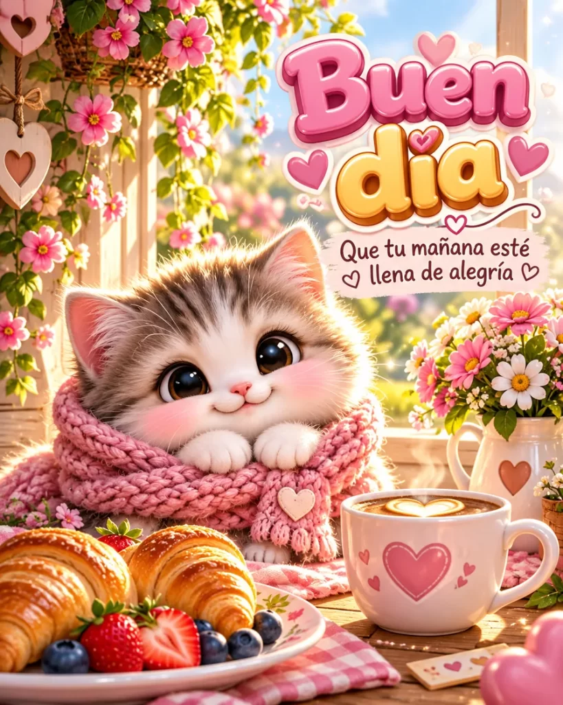Saludos bonitos de buen día con gatito y desayuno floral