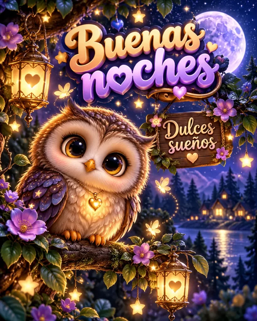 Búho tierno bajo la luna en un bosque iluminado