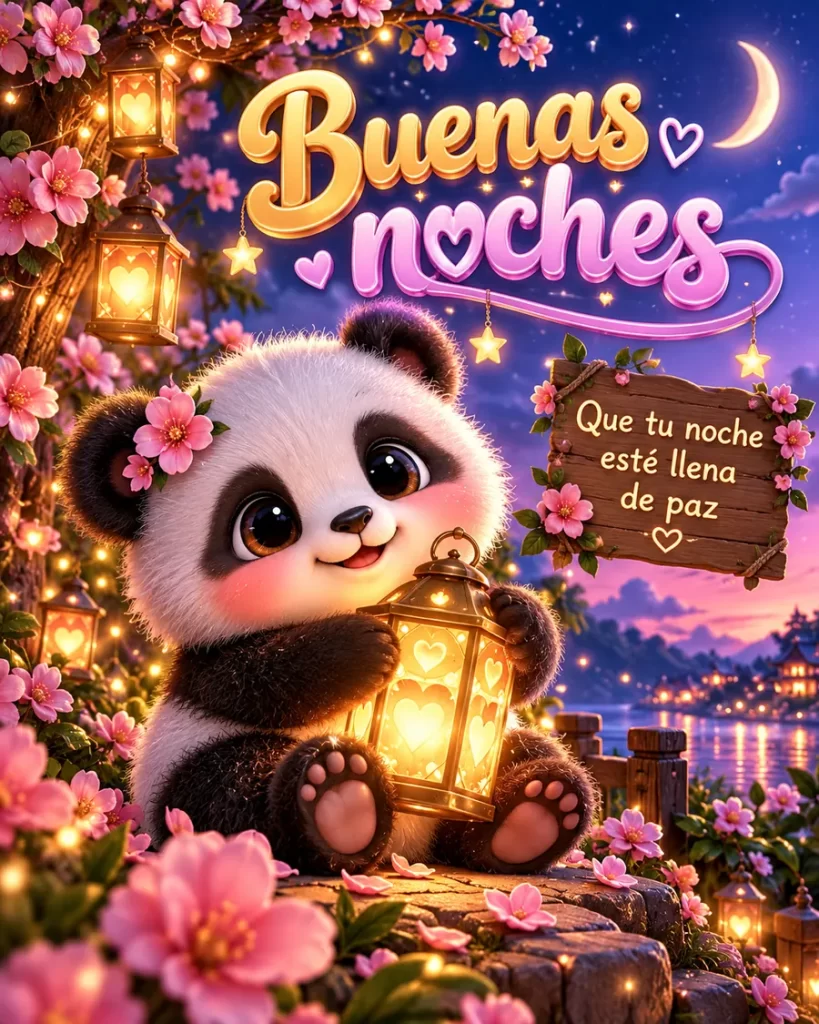 Mensajes de buenas noches con panda y flores rosadas