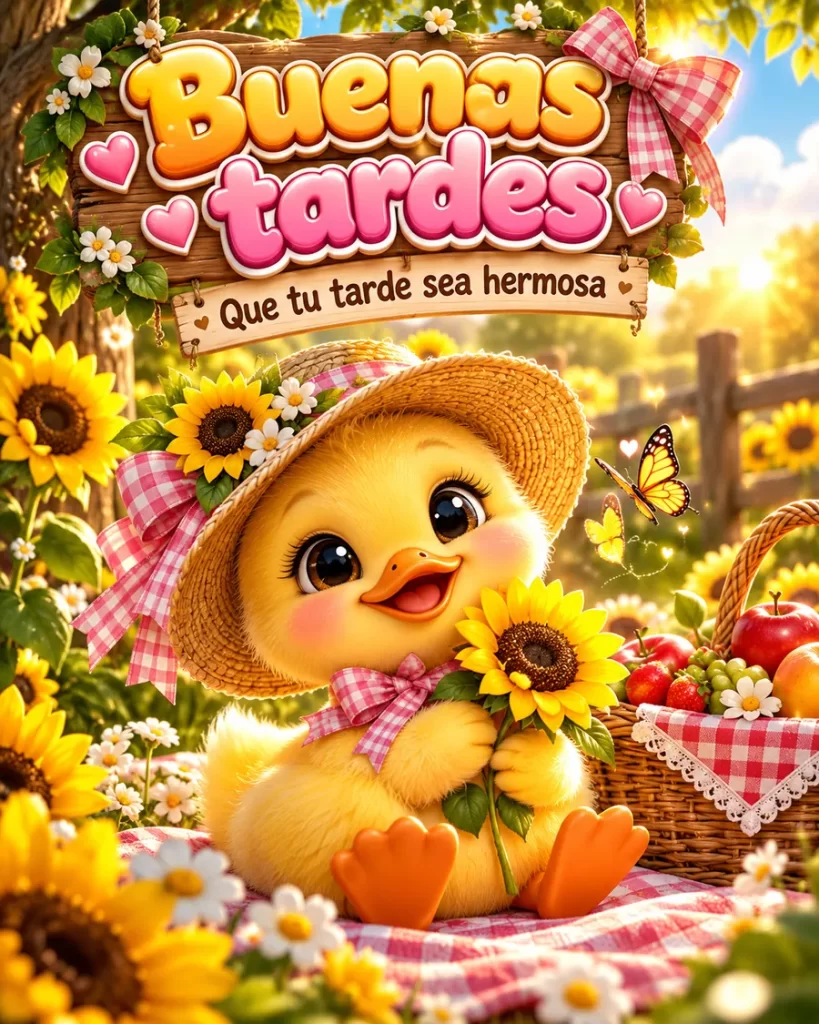 Patito amarillo con girasoles en una tarde soleada