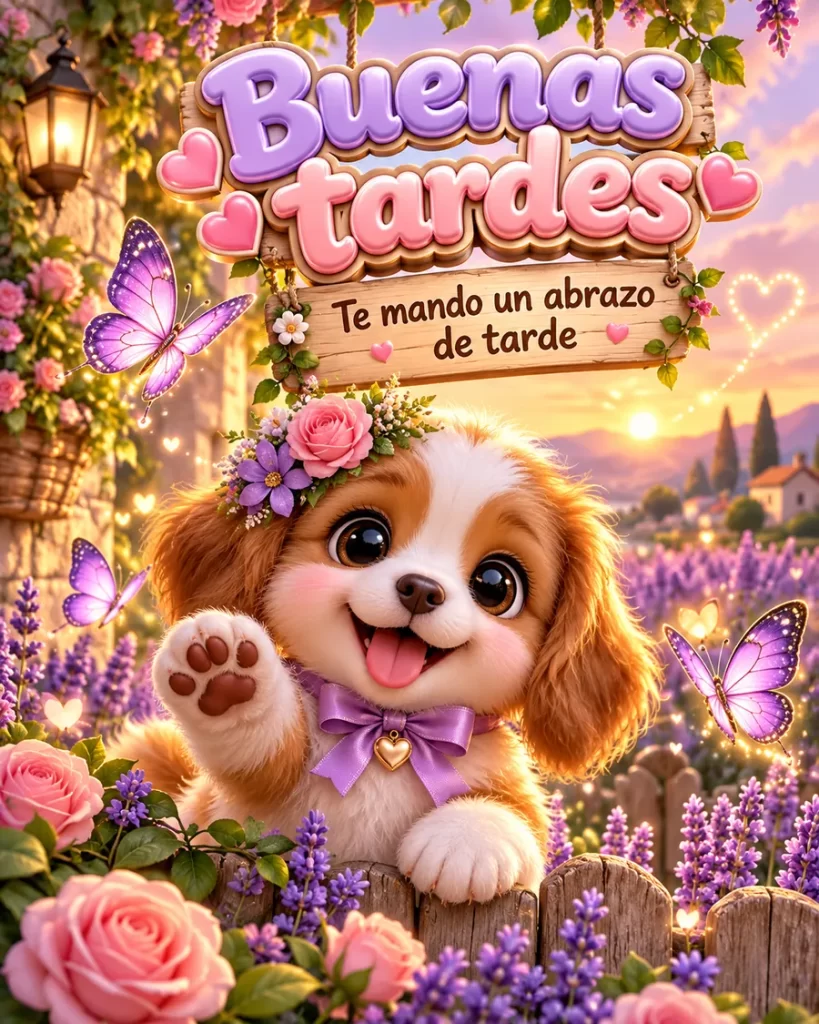 Mensajes para WhatsApp de buenas tardes con perrito y flores