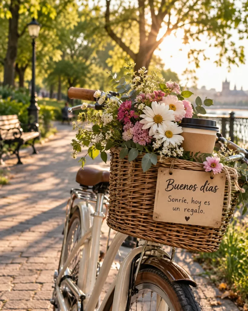 Frases de buenos días con bicicleta y flores en un parque