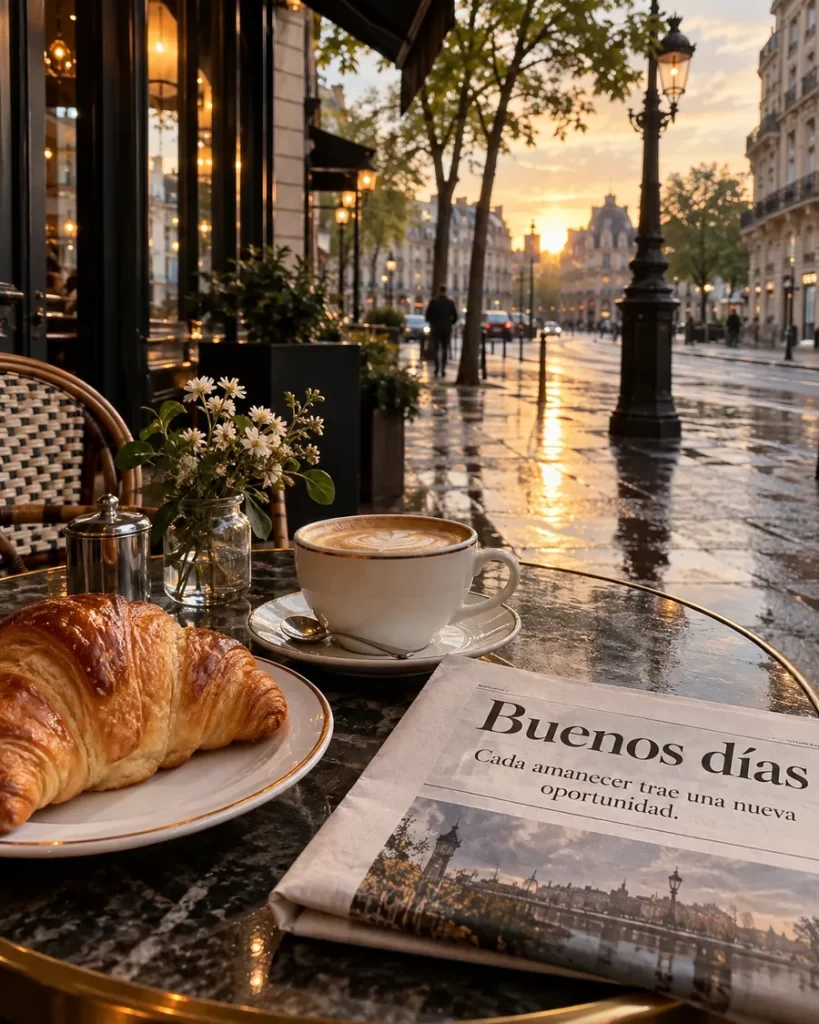 Café y croissant sobre una mesa mientras amanece en una calle de ciudad