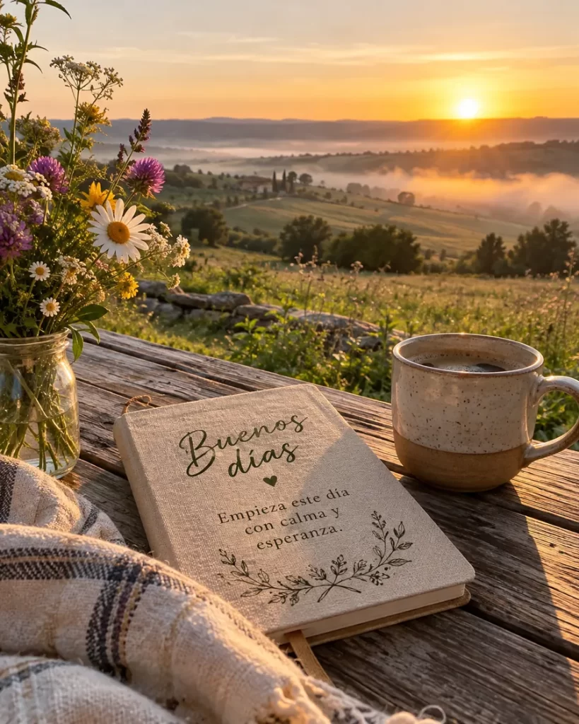 Mensaje de buenos días en un paisaje rural durante el amanecer