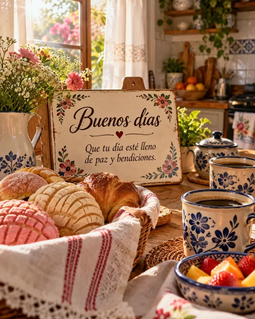 Desayuno casero con café y pan en una cocina iluminada por el sol
